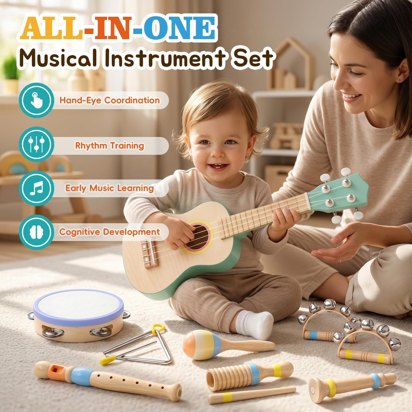Kids Guitar Set for Toddlers 1-3, 8 in 1 Wooden Montessori Musical Instruments Set with Ukulele, Tambourine, Maracas, Flute, Educational Music Toys, Preschool Learning Toy Gift for Boys Girls
