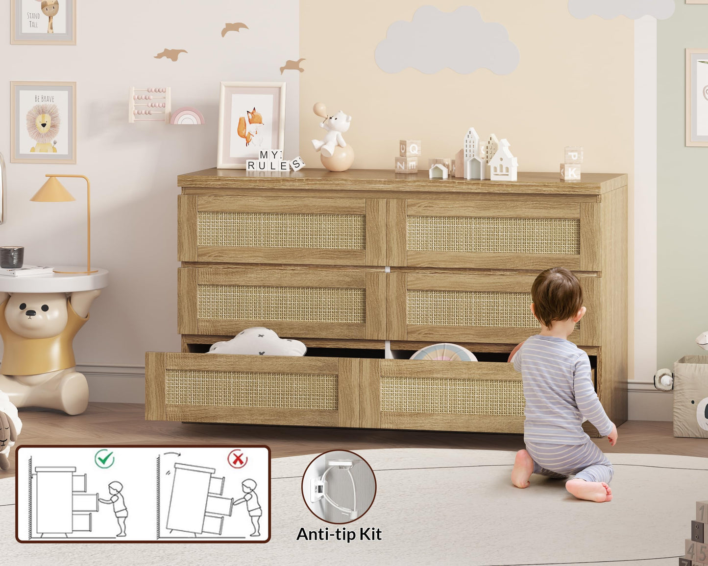 GarveeHome Rattan Dresser for Bedroom, Modern 6 Drawer Double Dresser for Bedroom, Wide Wood Chest of Drawers for Bedroom, Living Room, Hallway, Natural