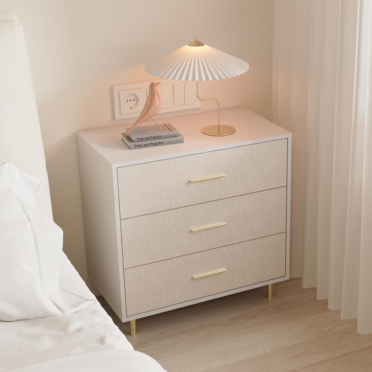 Garvee White Dresser, Modern 3 Drawer Dresser for Bedroom with Gold Handle and Legs, Wooden Nightstand with Linen-Textured Surface, Narrow Accent Cabinet End Table for Living Room, Hallway, Entryway