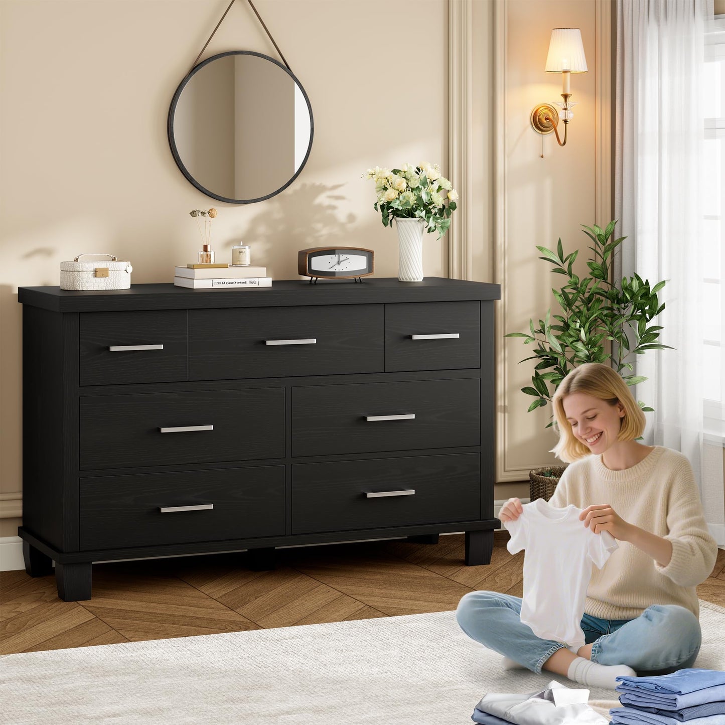 GarveeHome 7 Drawer Dresser for Bedroom, Wide Wood Chest of Drawers with Metal Handles, Large Storage Organizer for Living Room, Hallway