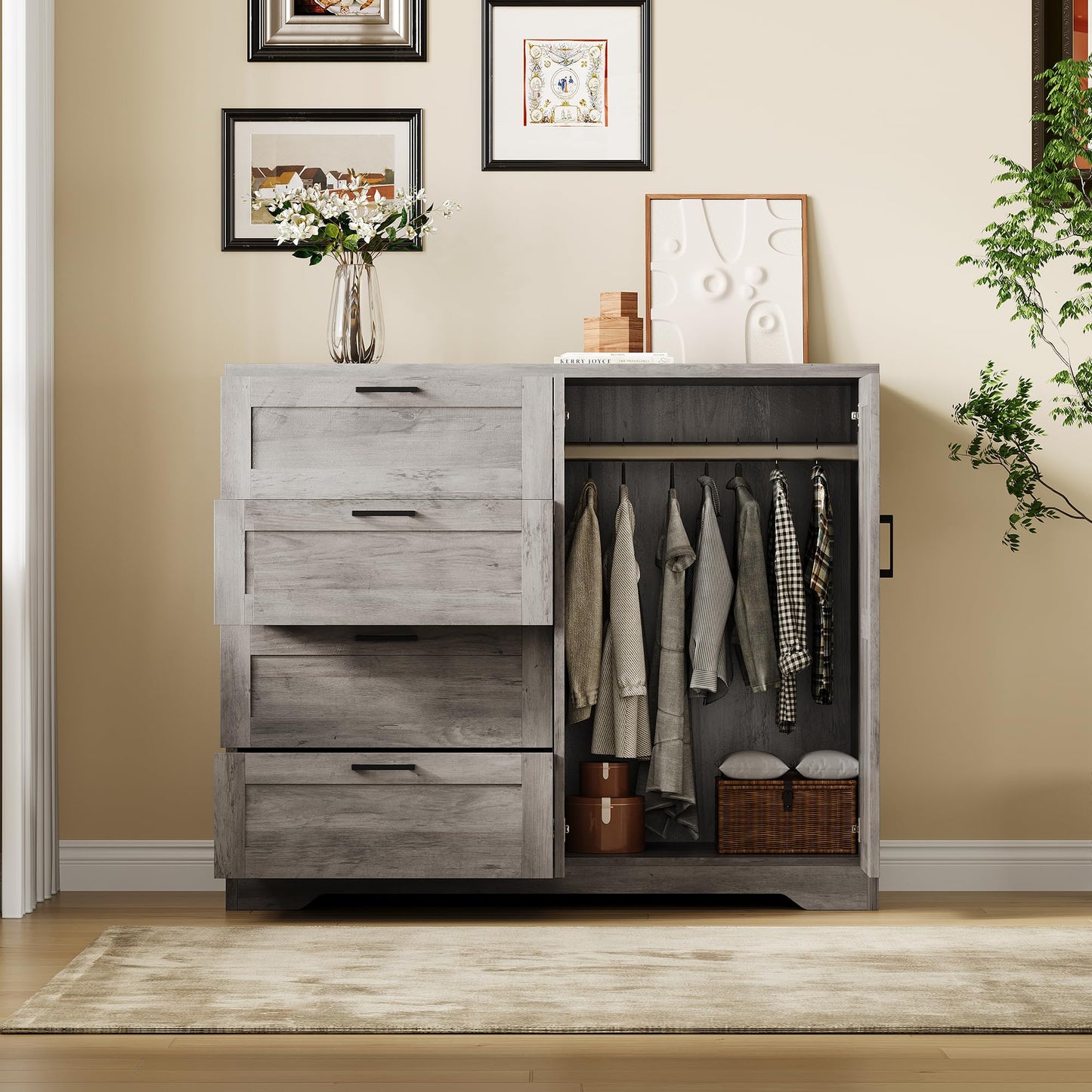 GarveeHome Multifunctional Wooden Dresser for Bedroom, 43.3 in H 2 Door Wardrobe Armoire Closet with 4 Drawers and Hanging Rod, Low Storage Cabinet for Hanging Cloth, Gray