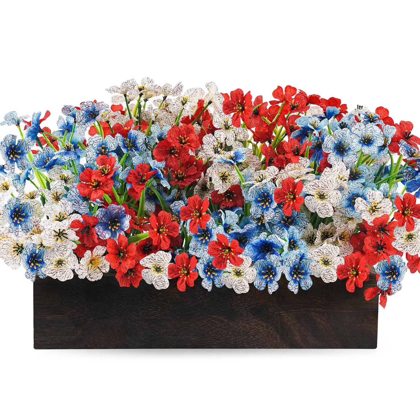 Red Wihte and Blue Flower Centerpieces for Table, 4th of July Artificial Flower Decorations 18Pcs UV Resistant Faux Violet Bouquet with Wooden Tray Patriotic Indoor Home Decor Living Room Kitchen
