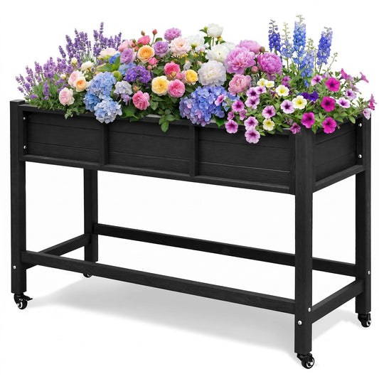 DWVO 47x18x31in Raised Garden Bed HDPE, Weather-Resistant Poly Wood Planter Box Stand, Planter Box with Legs & Lockable Wheels, Elevated Garden Bed for Backyard Patio Balcony - Black