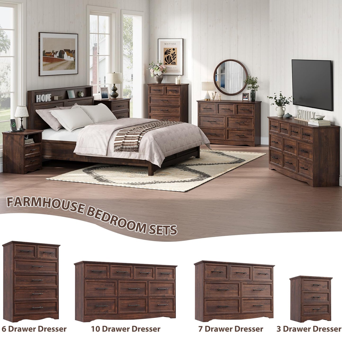 Walnut Farmhouse Dresser for Bedroom, Modern 6 Chest of Drawers, 44" Tall Chest of Drawers with Brushed Metal Handle, Wood Closet Organizers and Storage Cabinet for Bedroom, Living Room, Hallway