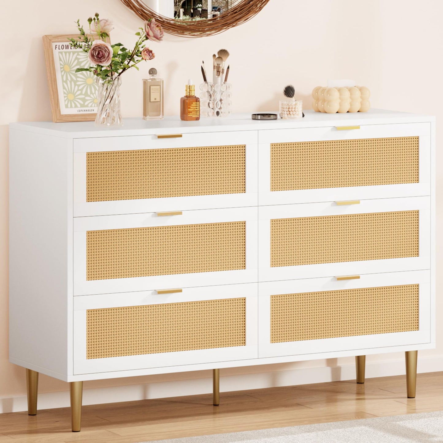 Garvee Rattan 6 Drawer Dresser, 42.5''W Wood Dresser, Chest of Drawers with Gold Legs and Handles, Double Dressers with Large Tabletop and Anti-Tipping Design for Bedroom, White