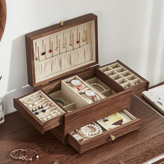 Homruilink Wooden Jewelry Box for Women, 3 Level Multi-functional Drawers Black Walnut Jewelry Organizer Box, Watch, Necklace, Ring, Earring Storage - Fathers Day Gift (No Mirror)