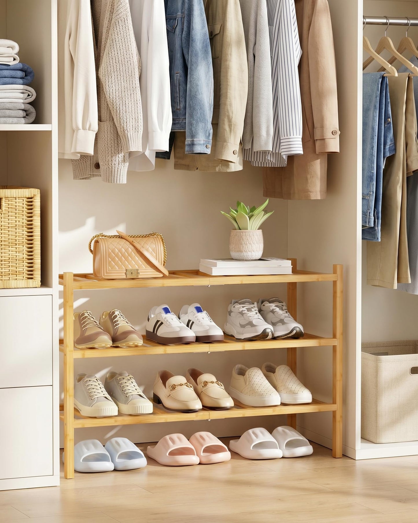 Kitsure Bamboo Wooden Shoe Rack for Closet - Stackable Shoe Organizer with Modular Structure, Space-Saving Shoe Shelf for Entryway, Living Room, Bedroom, 26.8" x 11" x 18.9", Natural