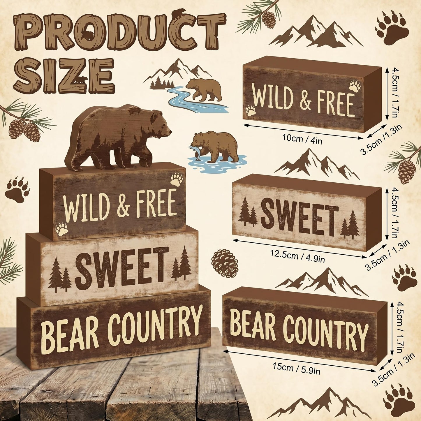 4 Pcs Brown Bear Tiered Tray Decor Woodland Bear Country Wooden Signs Cabin Shelf Sitters Rustic Farmhouse Table Centerpiece Mountain Forest Theme Table Decorations For Home Living Room Lodge