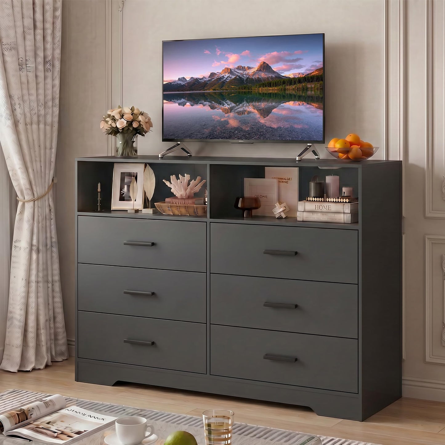 Garvee 6 Drawer Wooden Dressers for Bedroom with Charging Station & Open Shelf, 47" Wide Black Dresser, Wood Chest of Drawers with Deep Drawers, Modern TV Stand Storage Organizer for Living Room, Dorm
