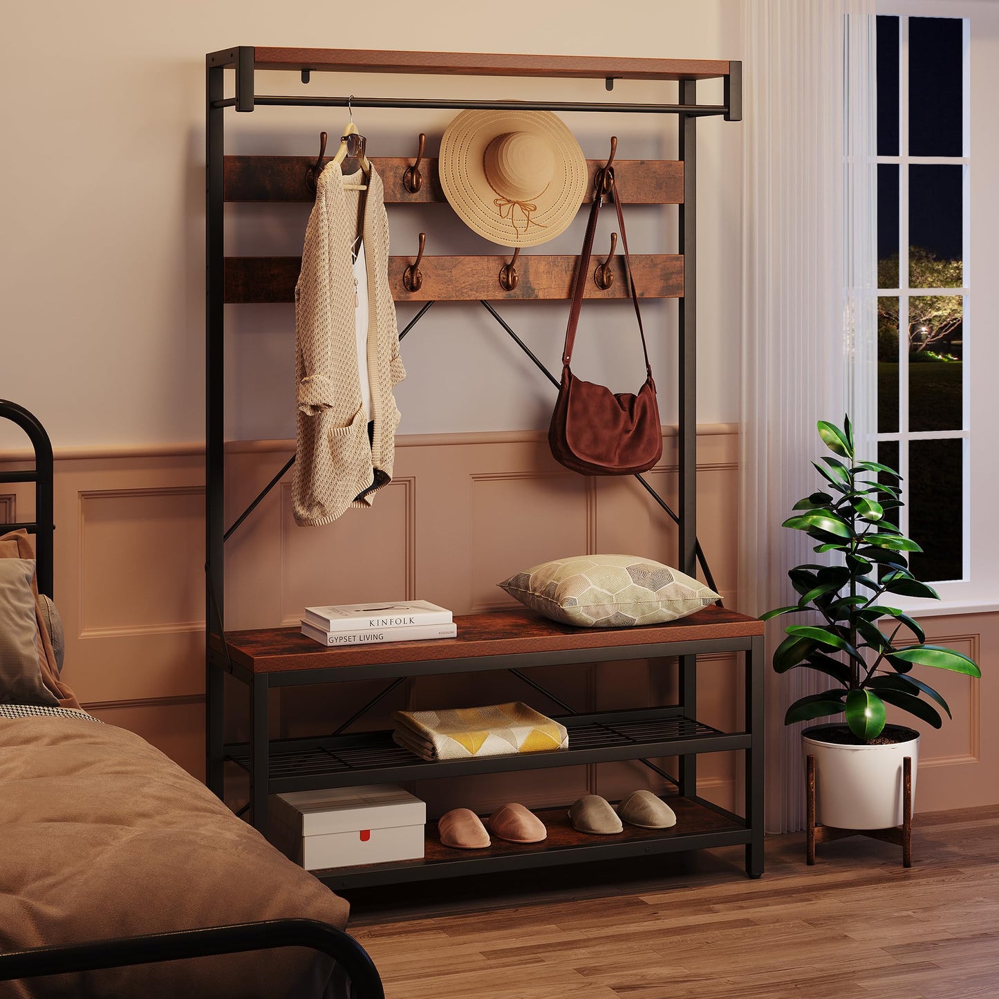 Tedyle 72" Industrial Hall Tree Entryway Bench, Wooden Coat Rack Shoe Bench with Shoe Rack & Storage Shelf, 8 Hooks & Hanging Bar, Entryway Organizer for Foyer, Mudroom, Rustic Brown