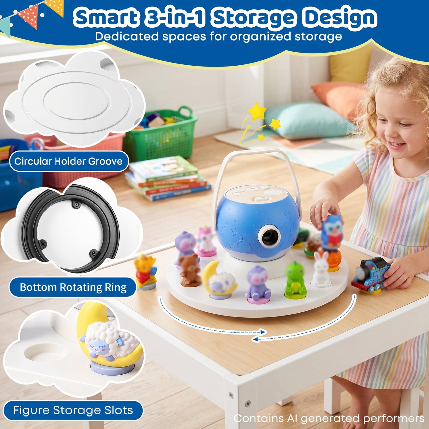 Round 360°Rotating Storage Shelf for Luna Storytime Projector And Character,Display Stand for Luna Projector Figurine Cartridge Figures Organizer Holder,Pine Wooden,for Kids Play Room(White)