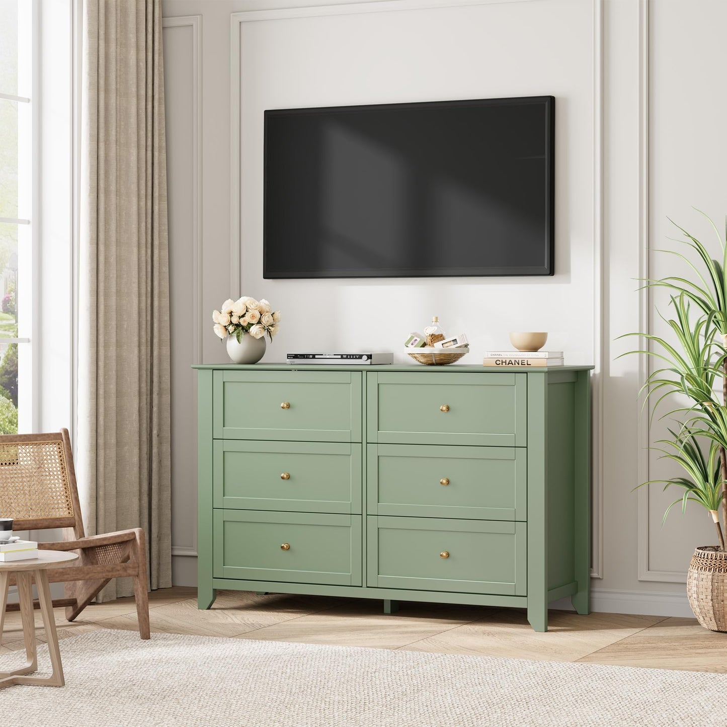 IDEALHOUSE Sage Green 6 Drawer Dresser for Bedroom, Large Dresser with Deep Drawers & Metal Knobs, Modern Wooden Chests of Drawers for Entryway, Hallway