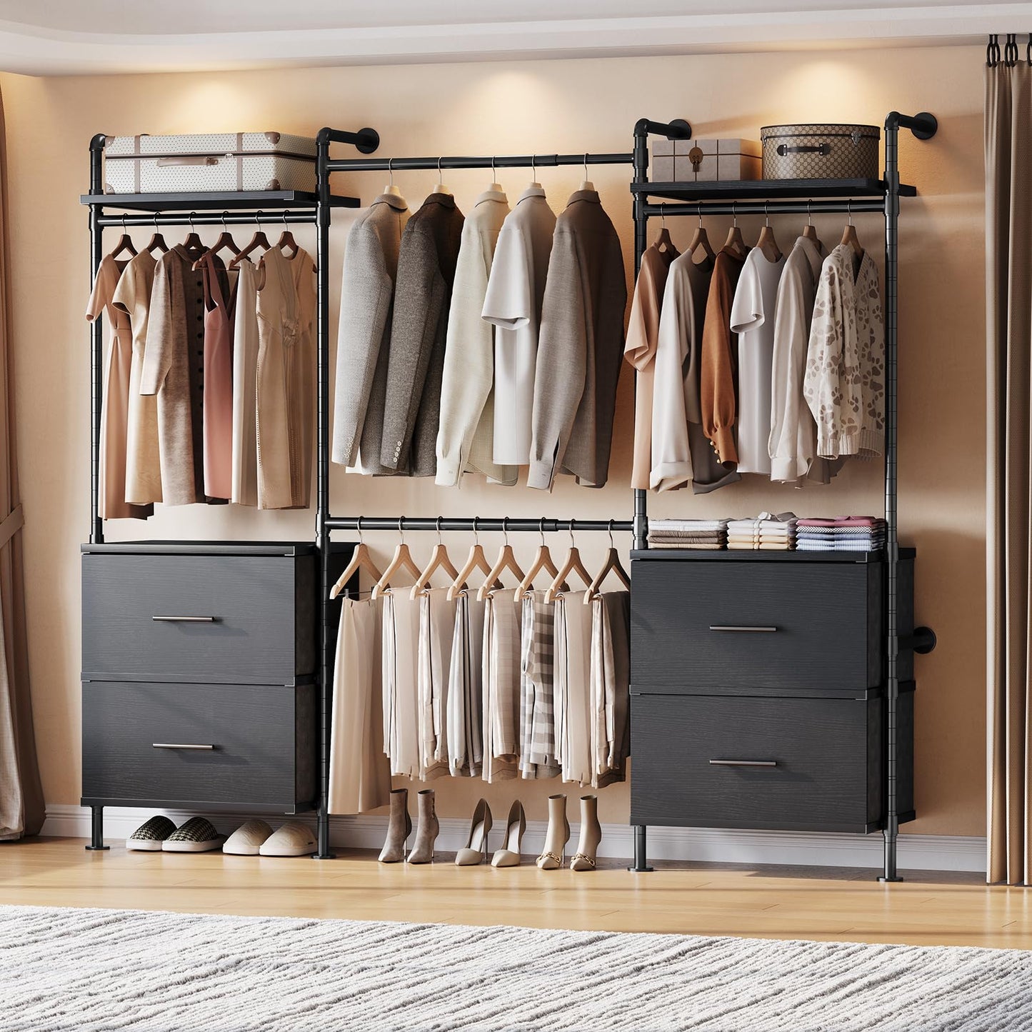 ONBRILL T4 Wall Mounted Closet System, Industrial Pipe Clothing Rack with 8 Wooden Shelves, 4 Drawers & 4 Hanging Rods (2 Expandable), Modular Heavy Duty Closet Organizers and Storage System (Black)