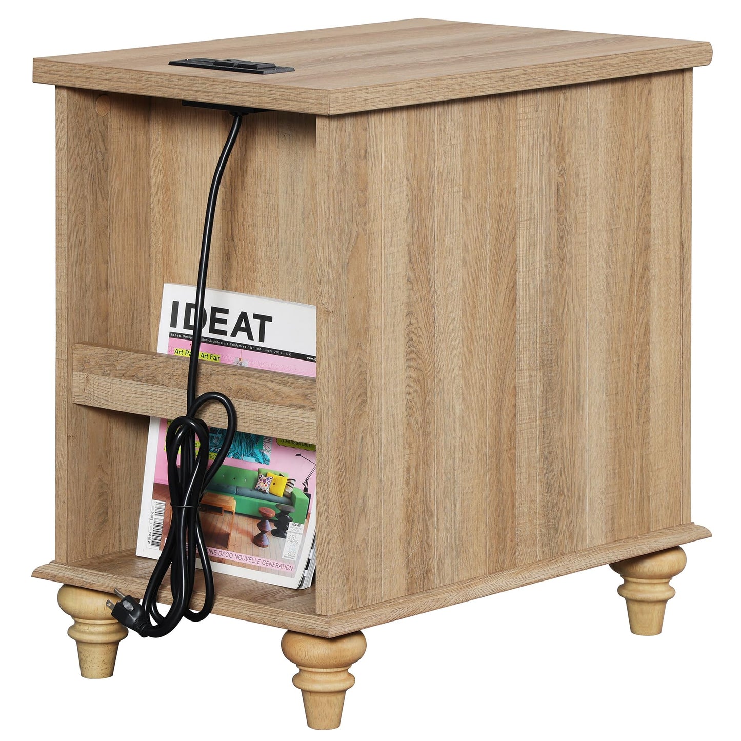 WAMPAT Farmhouse End Table with Charging Station, Rattan Side Table with Drawer & Storage Cabinet, Wooden Oak Nightstand with Power Outlets & USB Ports for Living Room, Bedroom, Burlywood