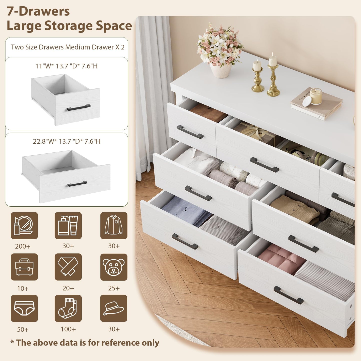 Garvee Dresser for Bedroom with 7 Drawers, 51" Wooden Dressers & Chests of Drawers with Metal Handles, TV Stand, Horizontal Dresser for Bedroom, Closet, Nursery, and Entryway