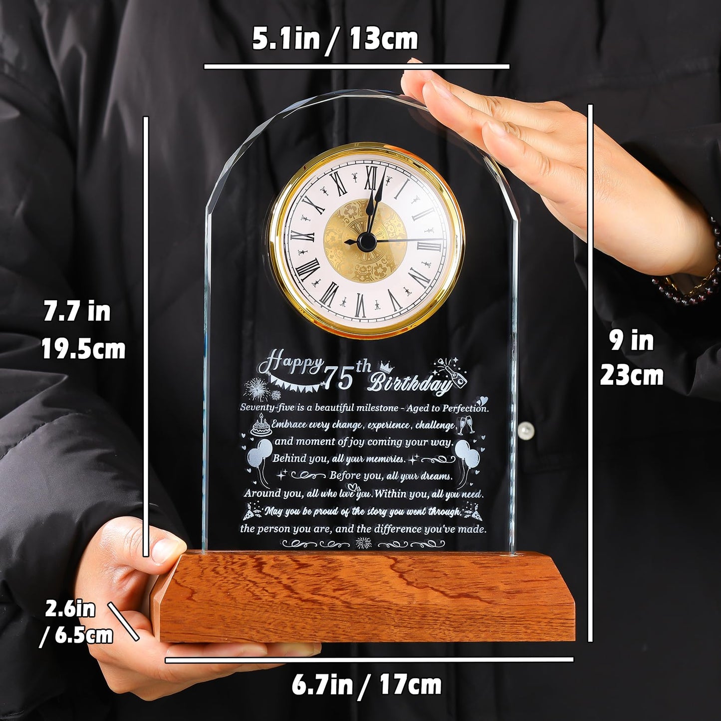 Arikyrist Happy 75th Birthday Glass Clock Gifts for Women, Men - 75 Year Old Birthday Gift with Wooden Light Base for Her Him, Turning 75 Quartz Clock Gift Idea for Parents Unique Desk Decoration