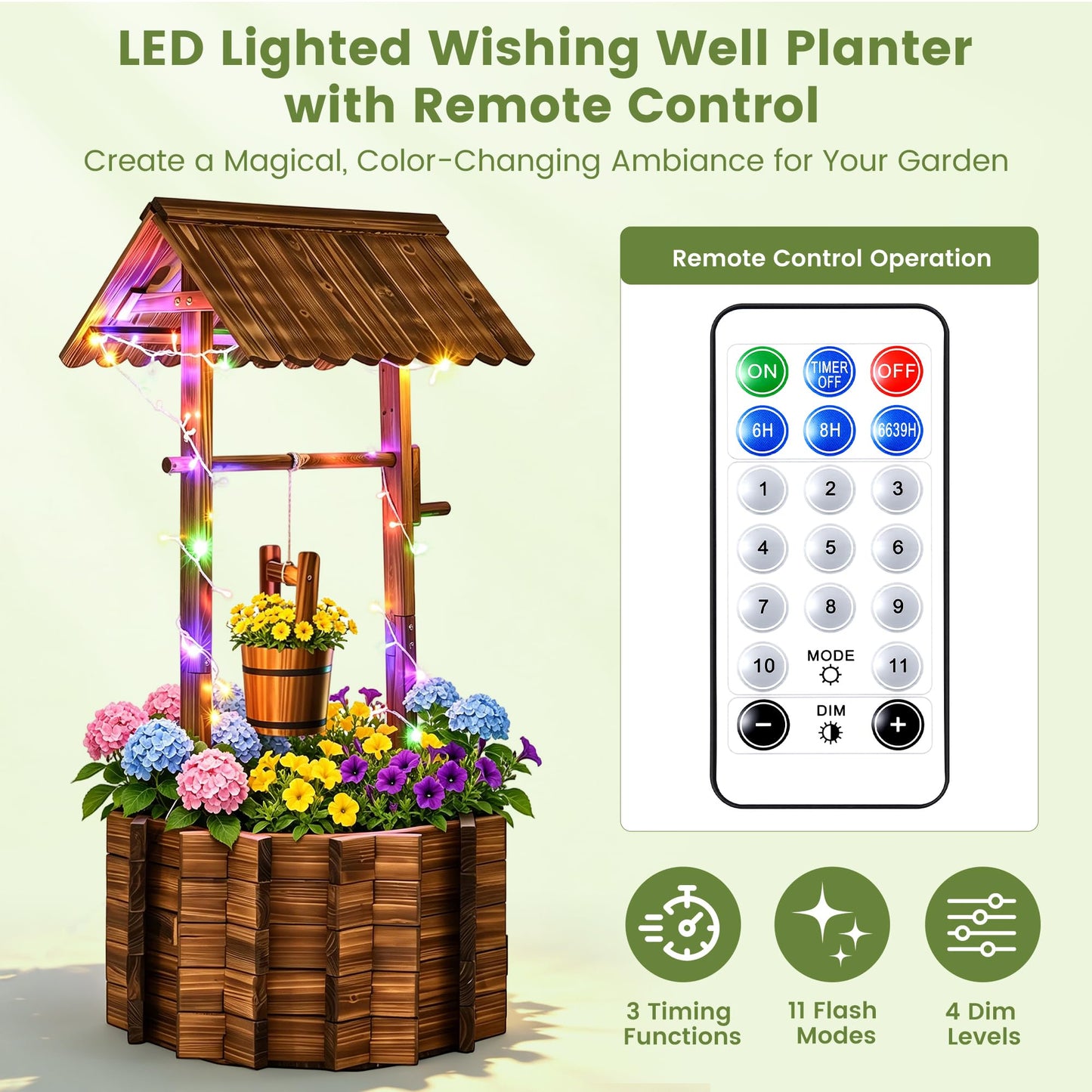 AUTO DAYA 54" Wooden Wishing Well Planter with 11-Mode LED Lights, Timer Settings, Rustic Outdoor Garden Decor with Adjustable Hanging Bucket, Drainage Base & Liner for Patio Yard Backyard