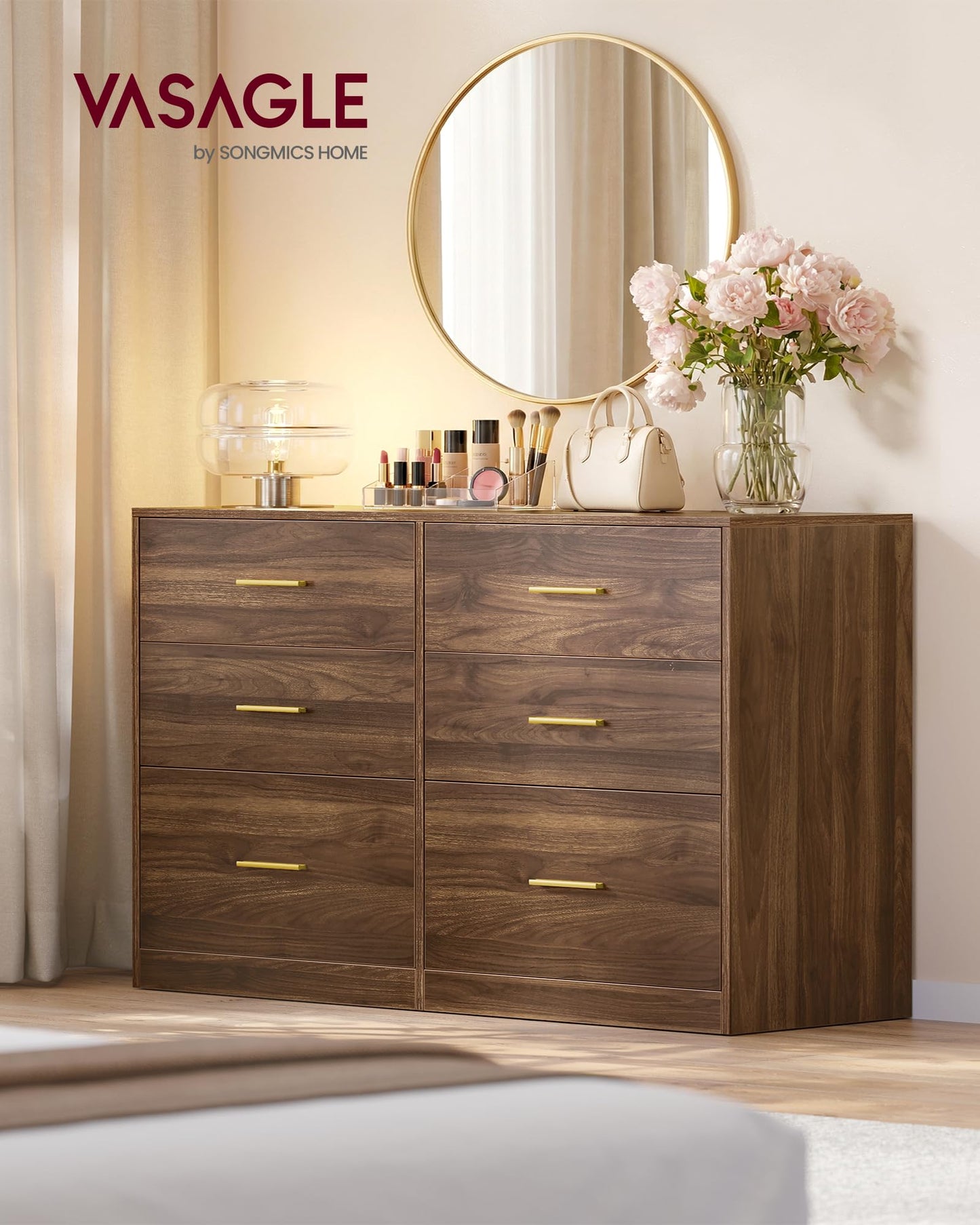 VASAGLE Custos Collection - Dresser for Bedroom, Chest of Drawers for Closet, Modern Style, TV Stand for Living Room, 6 Drawers, 15.8 x 46.9 x 30.7 Inches, Walnut Brown ULTS416KE01S
