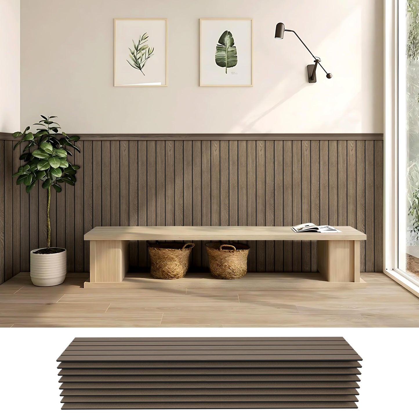 janasse PS Wainscoting Wall Panel Kit, 8PCS 38.7” x 9.65” Decorative Wall Panels, Paintable Waterproof PS Panels for Living Room, Dining Room & Hallway – Easy DIY, Covers 20.7 Sq.Ft(Dark Wood)