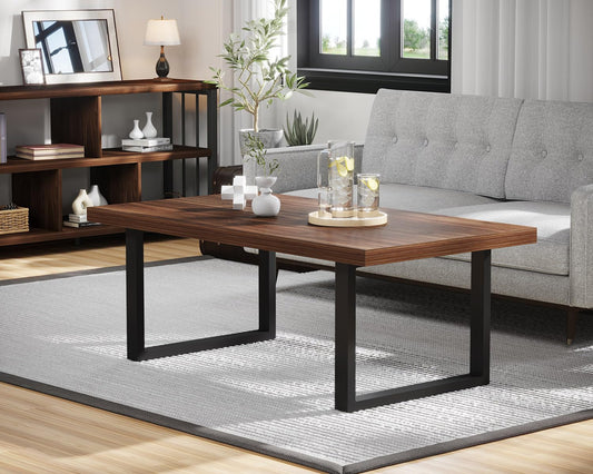 IBF Rustic Coffee Table, Simple Vintage Center Table, Minimalist Industrial Living Room Table, Farmhouse Wood and Metal Rectangle Tea Coffee Table for Home Bedroom Office, Walnut, 47 Inch