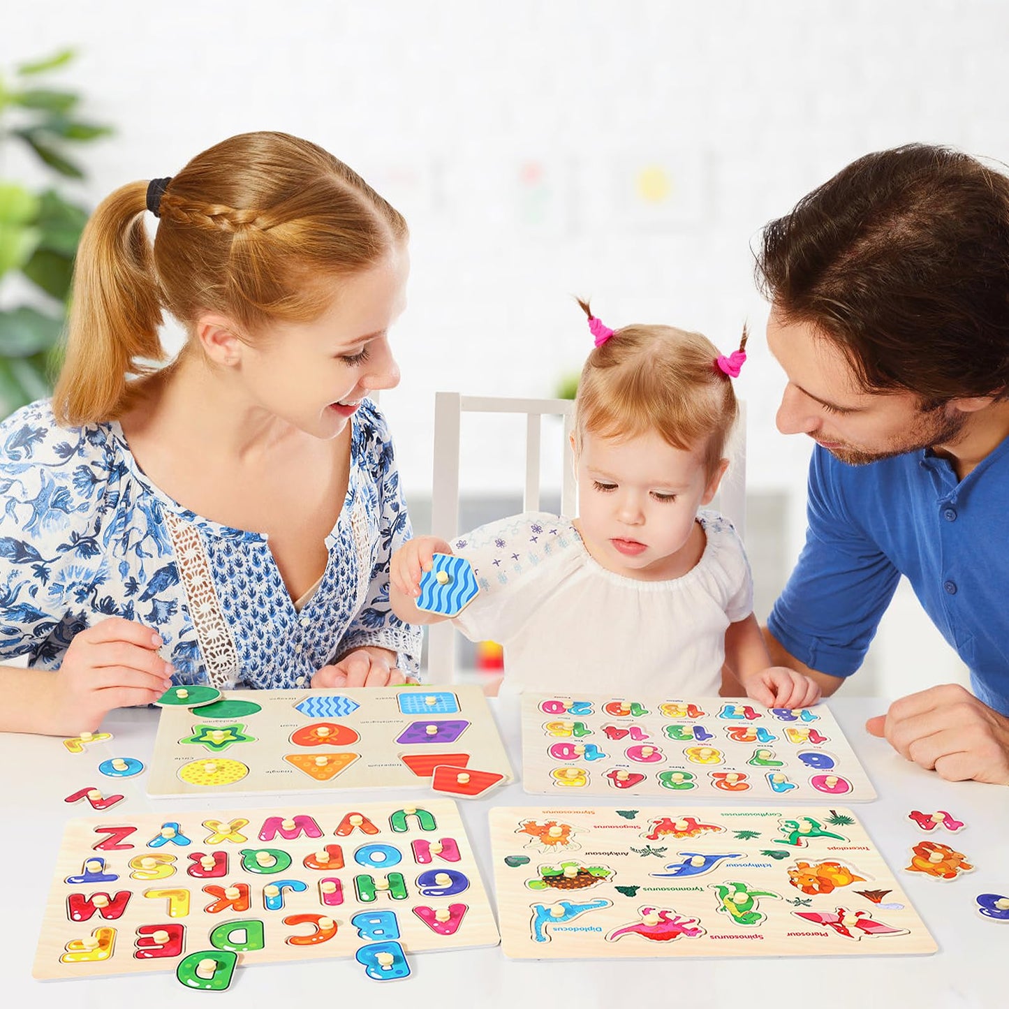 Melofaver Montessori Wooden Peg Puzzles for Toddlers 3 4 5 Year Old, 4 Pcs Kids Educational Toys Preschool Learning Activities-Alphabet, Shape, Number and Dinosaur, Baby Puzzle Gifts for Boys Girls