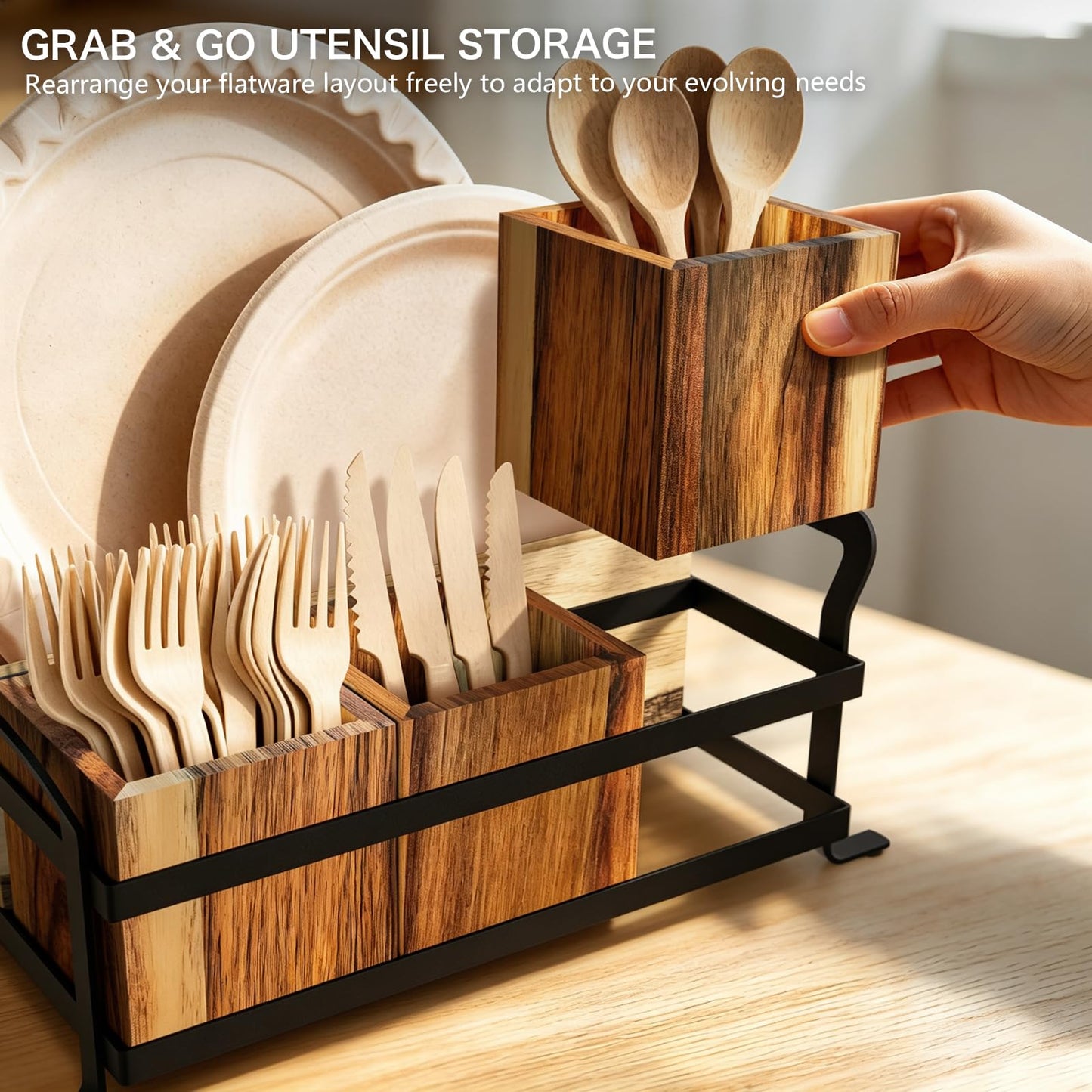 Vorisebo Acacia Wood Silverware Caddy, 4 Compartment Wooden Utensil Caddy for Party, Countertop Cutlery Flatware Paper Plate Dispenser for Spoons, Forks, Fits 10-Inch Plates