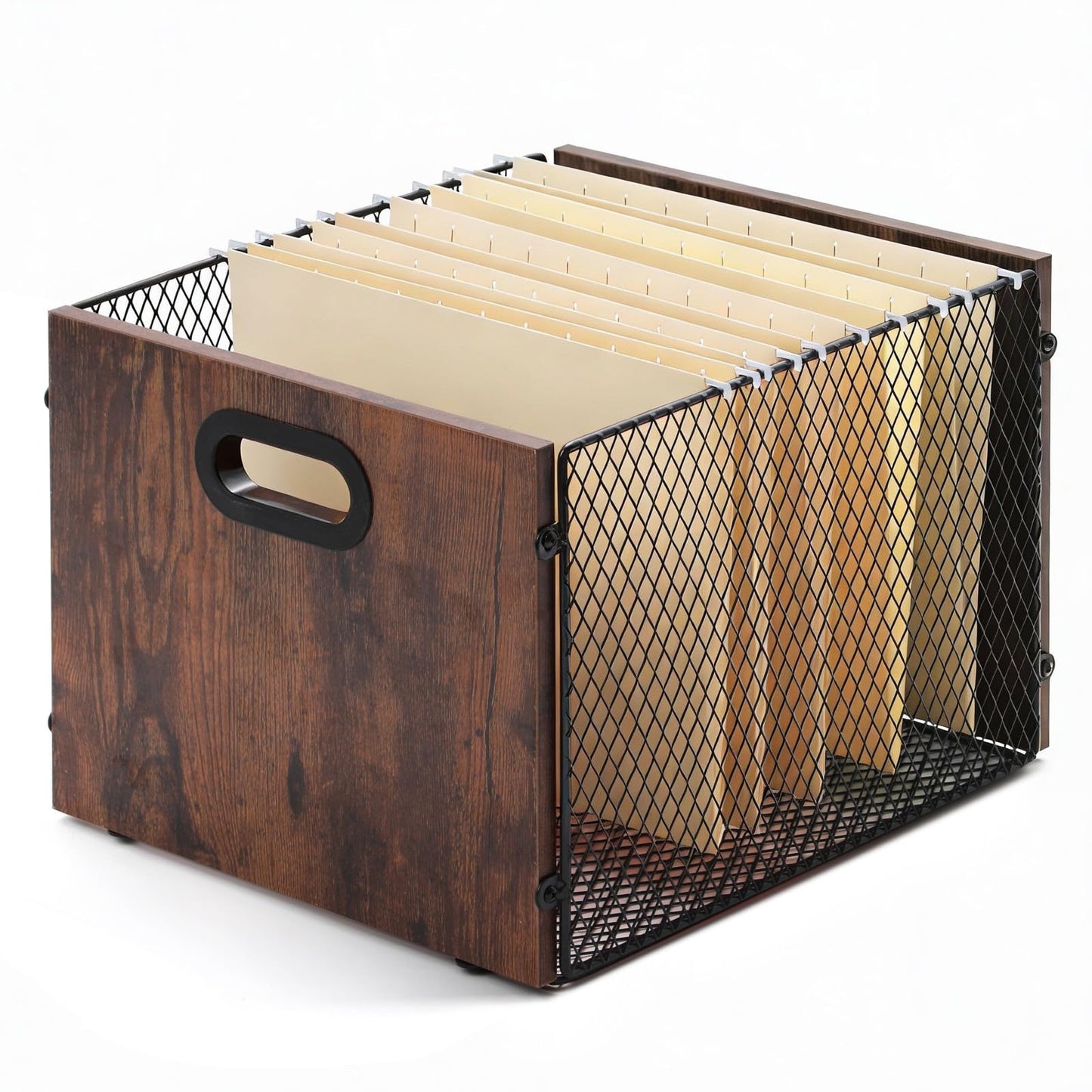 Yalikop Rustic Brown Wood File Box Organizer, Hanging Folder Storage Boxes, Filing Crate Bin Holder with Handle for Home Office Desk, Letter Size