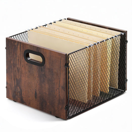 Yalikop Rustic Brown Wood File Box Organizer, Hanging Folder Storage Boxes, Filing Crate Bin Holder with Handle for Home Office Desk, Letter Size