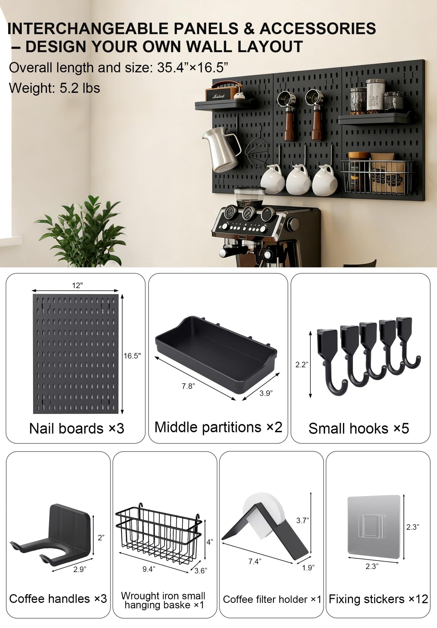 Txjyuyy Coffee Pegboard Wall Storage Set – Wall-Mounted Coffee Mug Holder with Hooks, Cup Racks & Baskets– Home & Office Coffee Stations （Black）