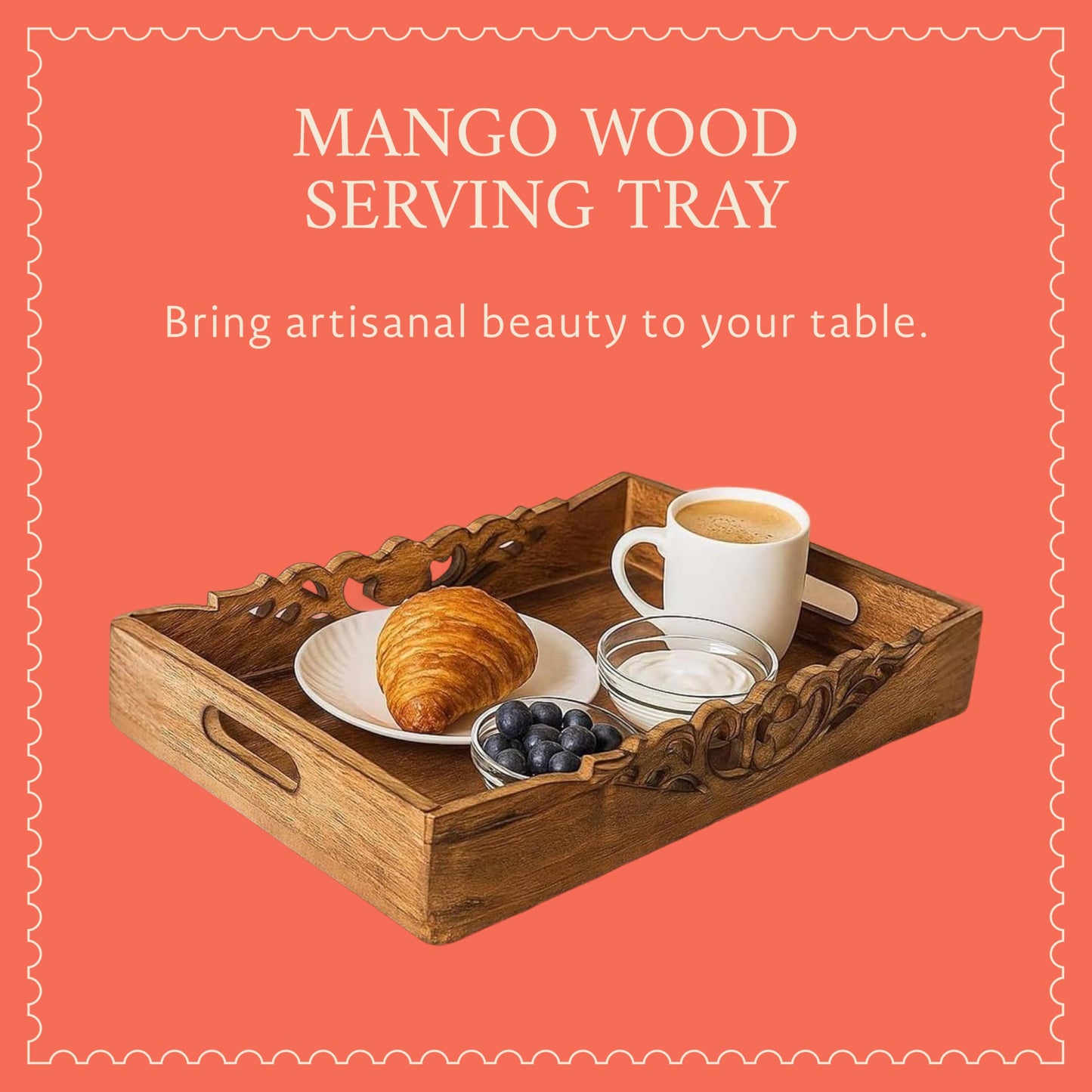Mela Artisans 16” x 12” x 2.5” Mango Wood Serving Tray with Handles – Orchid Medium Burnt – Handcrafted Wooden Serving Board for Breakfast, Coffee & Home Décor