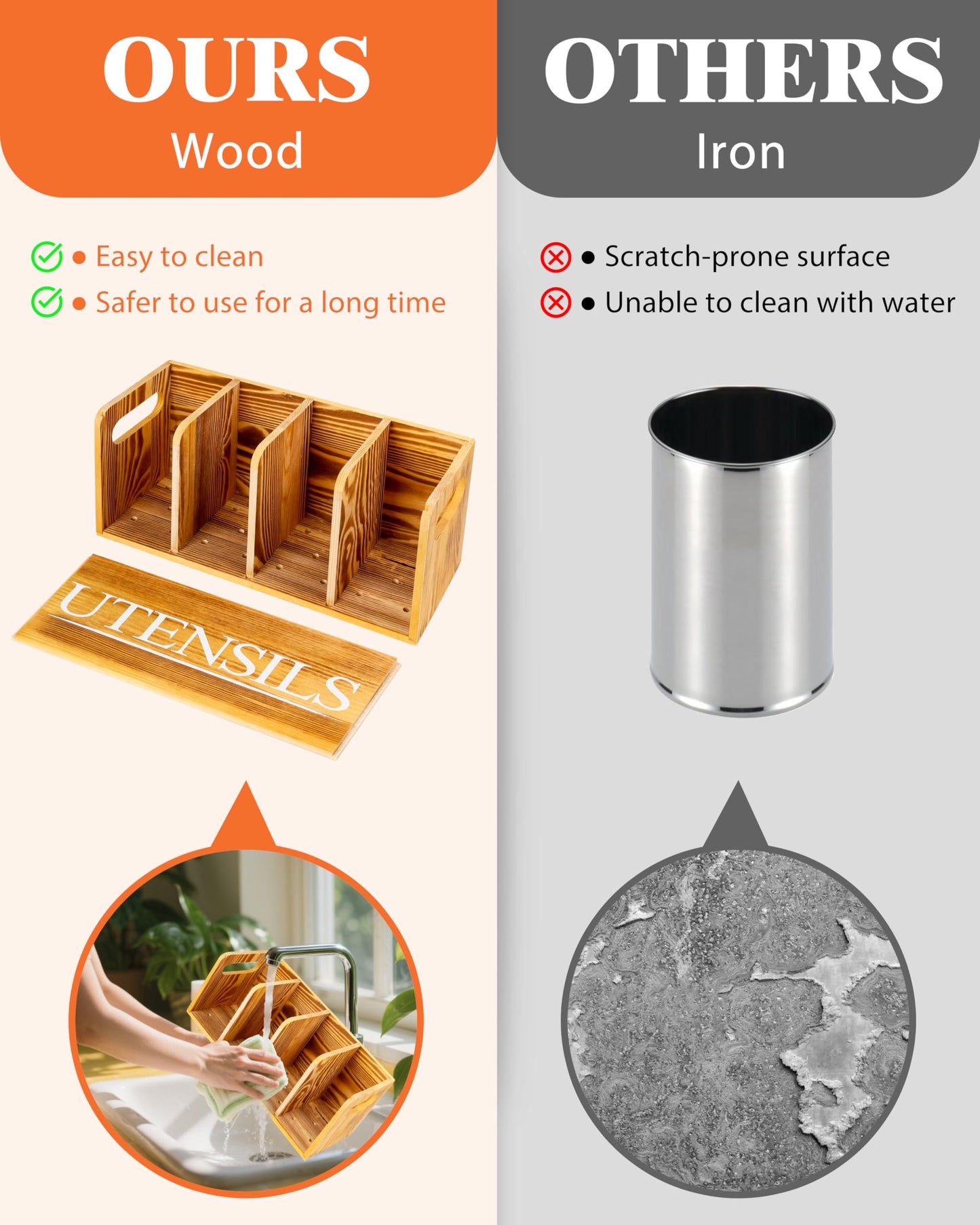 brekle Kitchen Utensil Holder for Kitchen Counter Large Wooden Organizer for Cooking Utensils Utensil Holder Counter Farmhouse Décor (Farmhouse Wooden)