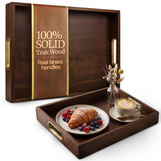 Jack & Juliet Teak Wood Ottoman Tray – Wooden Multifunctional Tray with Real Brass Handles - Non Slip Base in Food-Safe Finish - Gift-Ready Packaging for Coffee Table and Home Decor (Walnut)