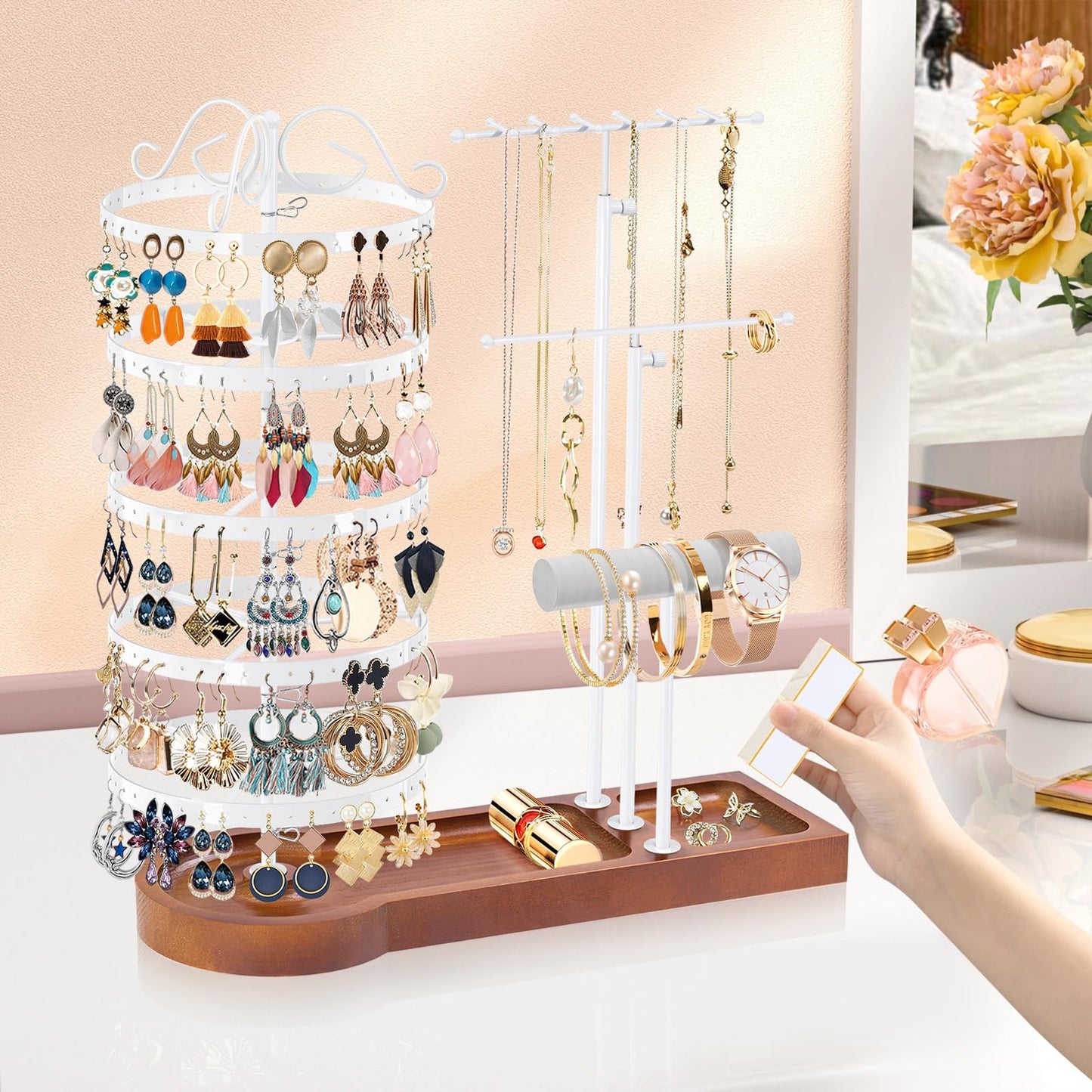 KALYLOC Jewelry Earring Holder Organizer, Adjustable 5 Tiers Rotating Earring Holder 3 Tier Necklace Holder with Wooden Base, Multi-Functional Jewelry Organizer Display Stand for Studs Bracelet Women