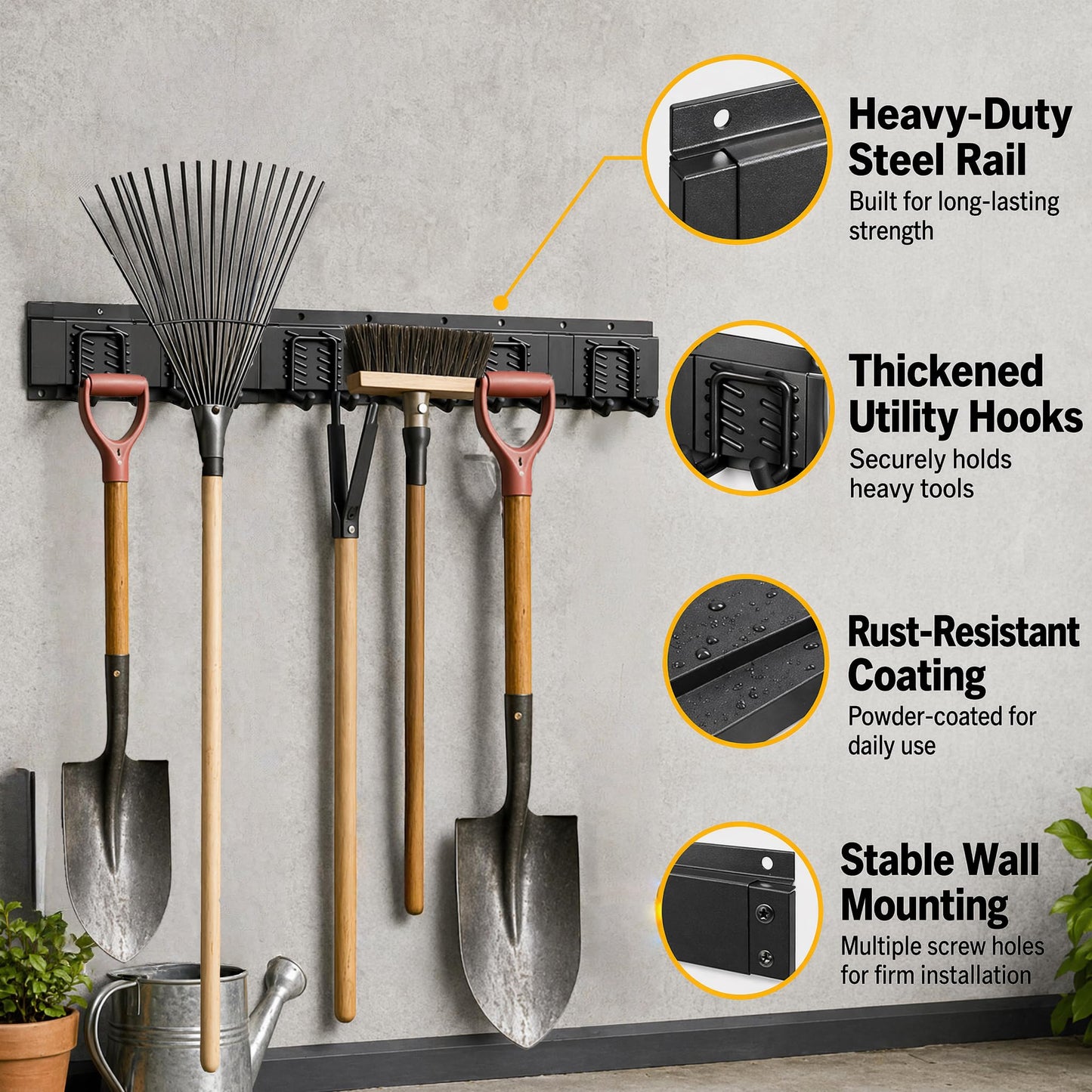 CBWLWJ Garage Tool Organizer Wall Mount, 64 inch Garage Wall Organizer, 680lbs Sturdy Garden Tool Organizer with 12 Adjustable Hooks, for Yard, Shed, Basement, Workshop(Black)