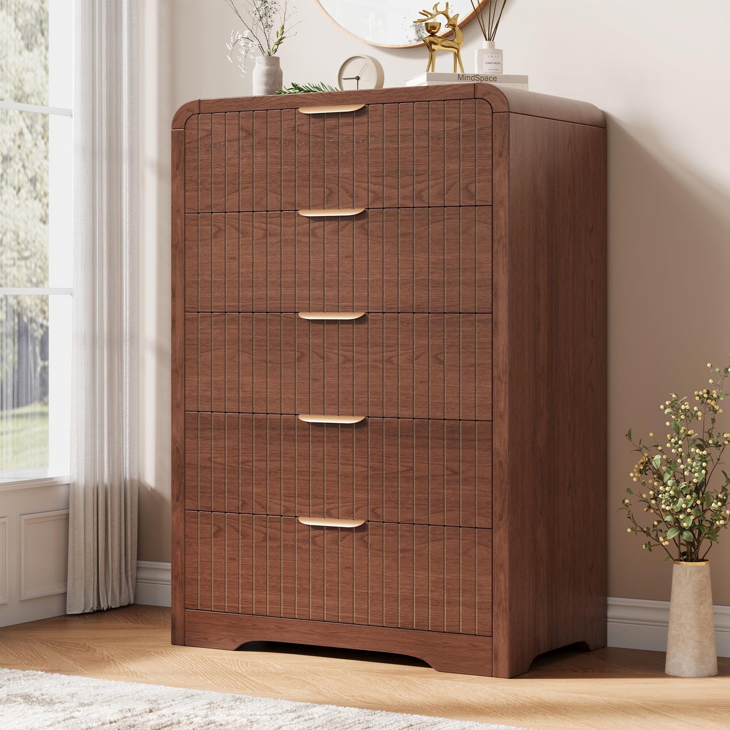 Jocoevol Fluted 5 Drawer Dresser, 43" Tall Dresser Chest of Drawers Curved Profile Design, Wood Mid Century Vertical Dresser Natural Texture for Bedroom, Walnut Dresser