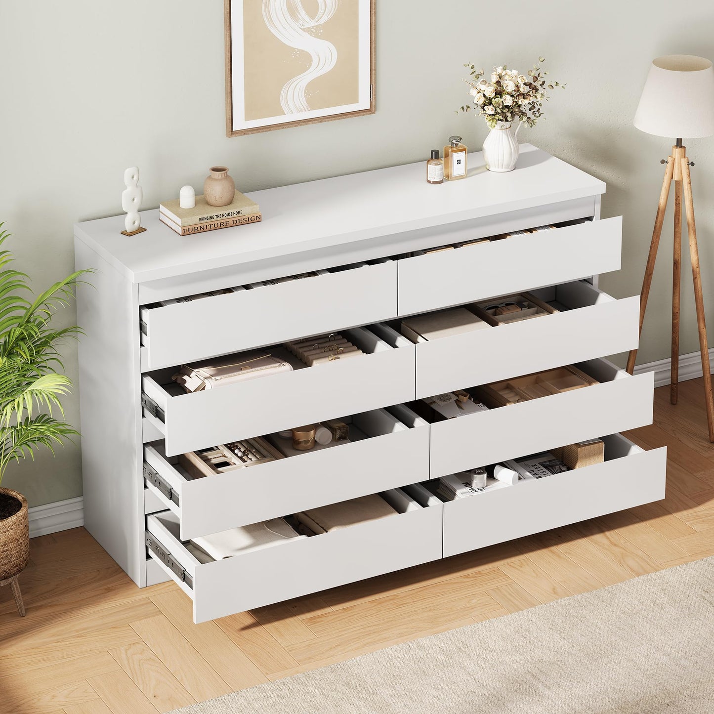 Jocoevol Modern White 8 Drawer Dresser for Bedroom, 15.3" D x 55.2" W x 32.3" H Simply Chest of Drawers, Wood Storage Dresser with Deep Drawers for Living Room Hallway Entryway, White