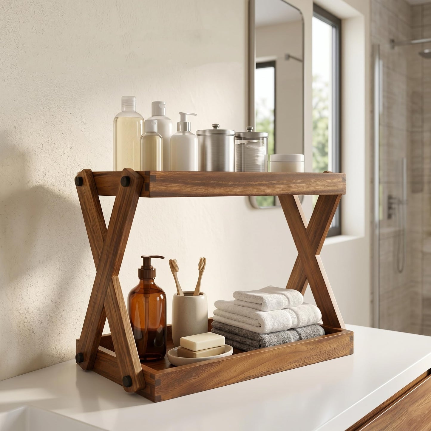 ZOVANO Wood Countertop Shelf Organizer, 2 Tier Wooden Shelf for Coffee Bar Accessories, Kitchen Spice Rack Organizer, Condiment Storage Caddy for Home, Office, Bathroom counter
