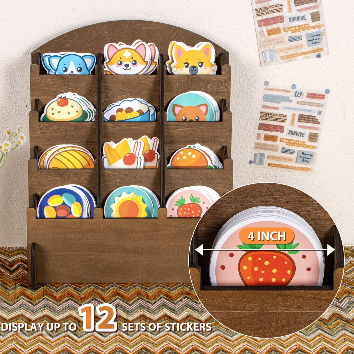 PUERSI Wooden Sticker Display Stand, Sticker Holder Display Organizer with 12 Pockets for Greeting Card, Postcard, Coaster, Bookmark, Brochure, Vendors, Retail, Brown