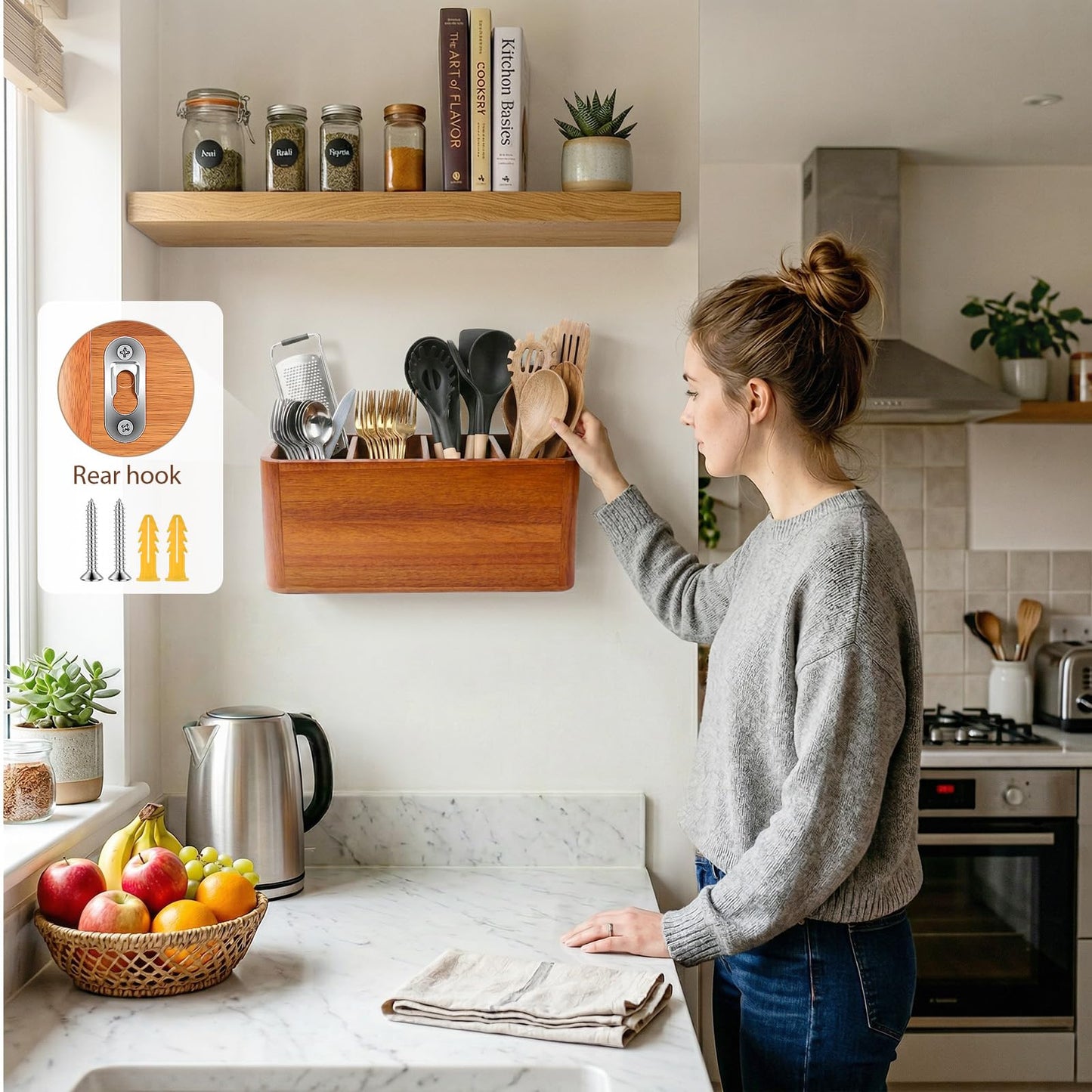 powerful xishan Kitchen Utensil Holder for Countertop with 3-Piece Wooden Utensil Set, Extra Large Acacia Wood Utensil Organizer, 4-Compartment Storage for Cooking Utensils, Silverware and Cutlery
