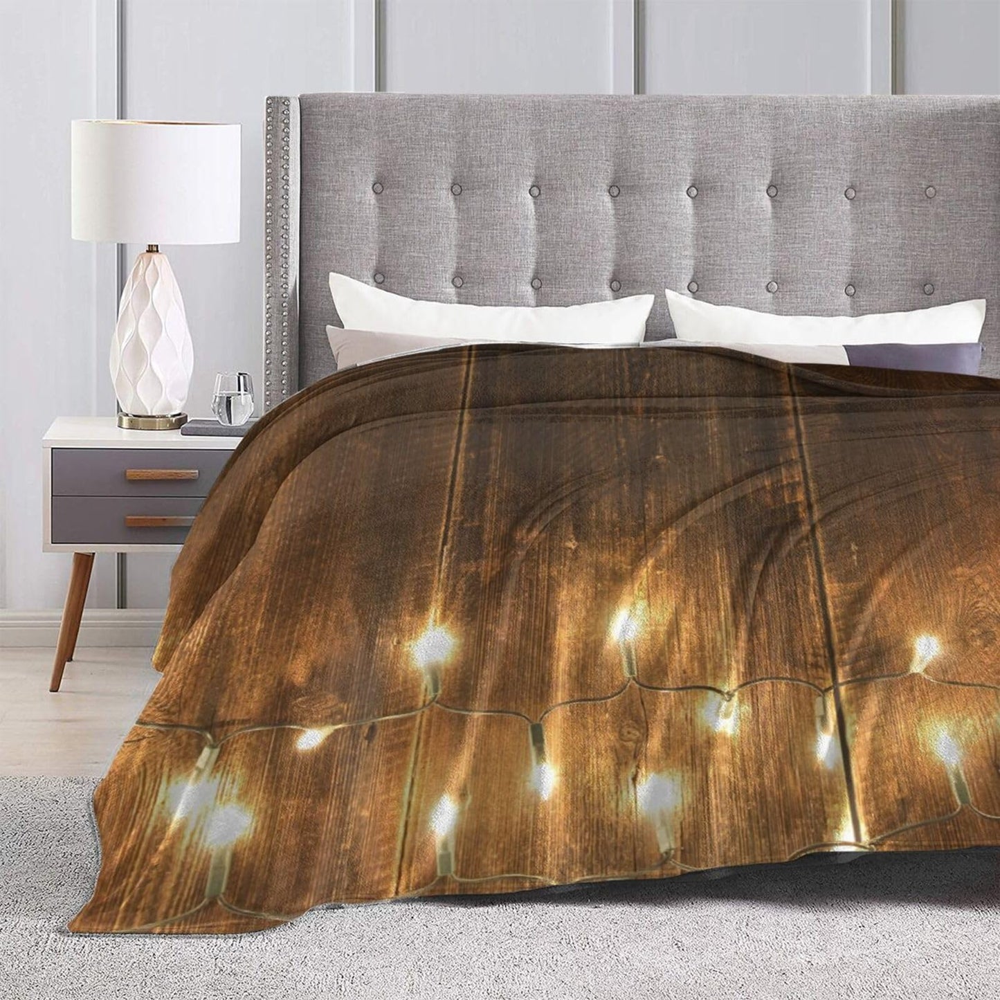 50"X40" String Lights On Wooden Soft Flannel Blanket - Lightweight and Quick Drying, Used for Home, Travel, Camping