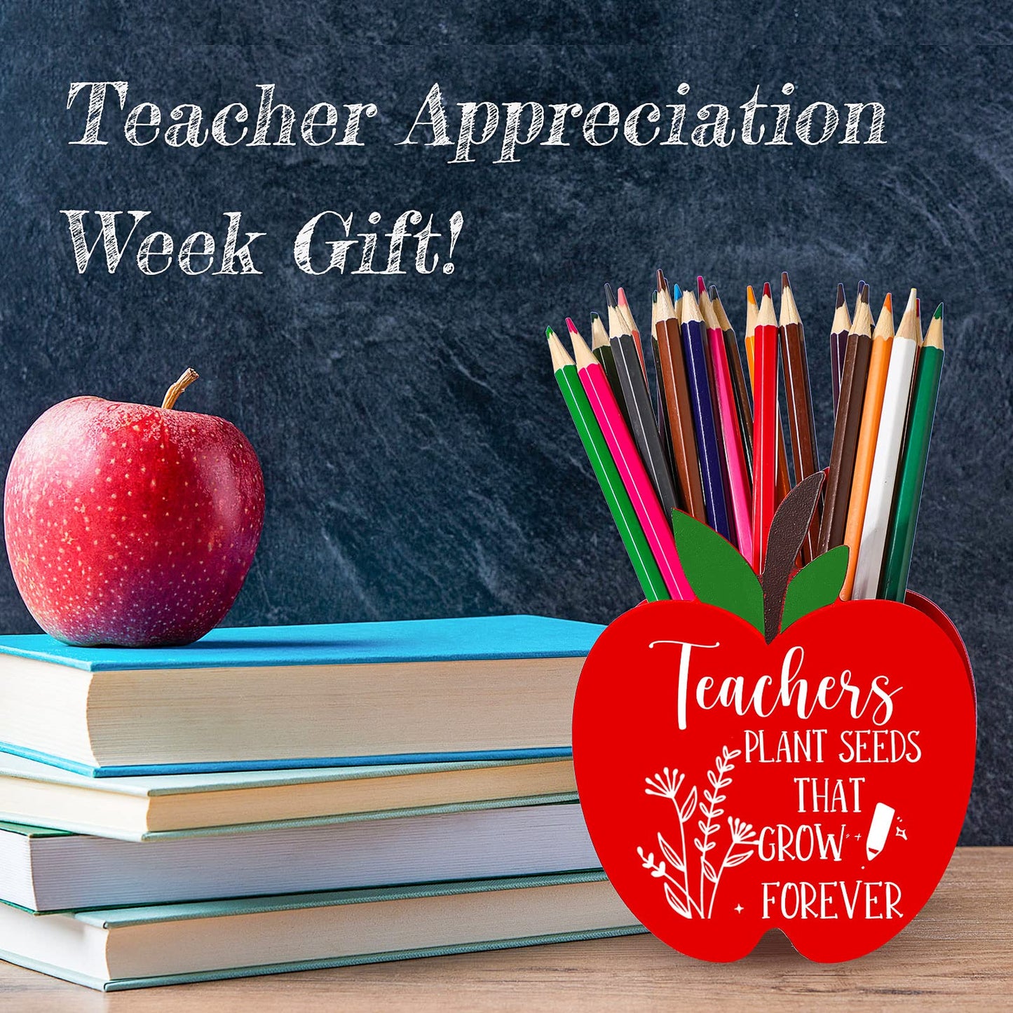 Fuutreo 8 Pcs Teacher End of Year Gifts Teacher Appreciation Gifts Pencil Holder Apple Wooden Pencil Holder Thank You Pencils Organizer for Classroom School Desktop