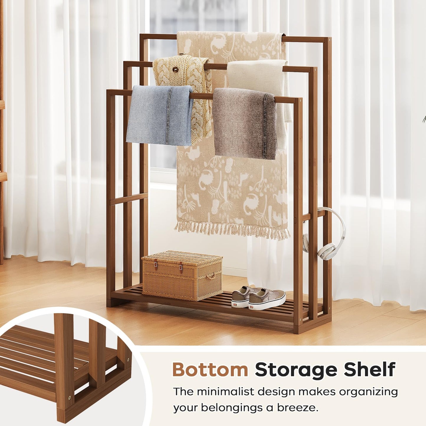 oakvivo 39.3'' Tall Freestanding Towel Rack, 3 Tier Blanket Racks with Shelf, Bamboo Towel Drying Rack for Laundry Bathroom Hand Towels Blanket Holder (Walnut)