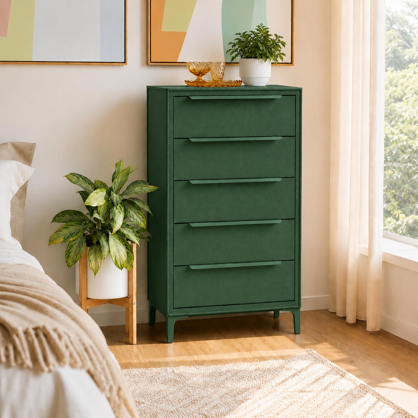 tinge Naima Premium Fabric Dresser - Strong Metal Frame, 5 Spacious Sag-Proof Drawers with Sleek Metal Handles - Premium & Durable Storage Solution for Your Home (Green)