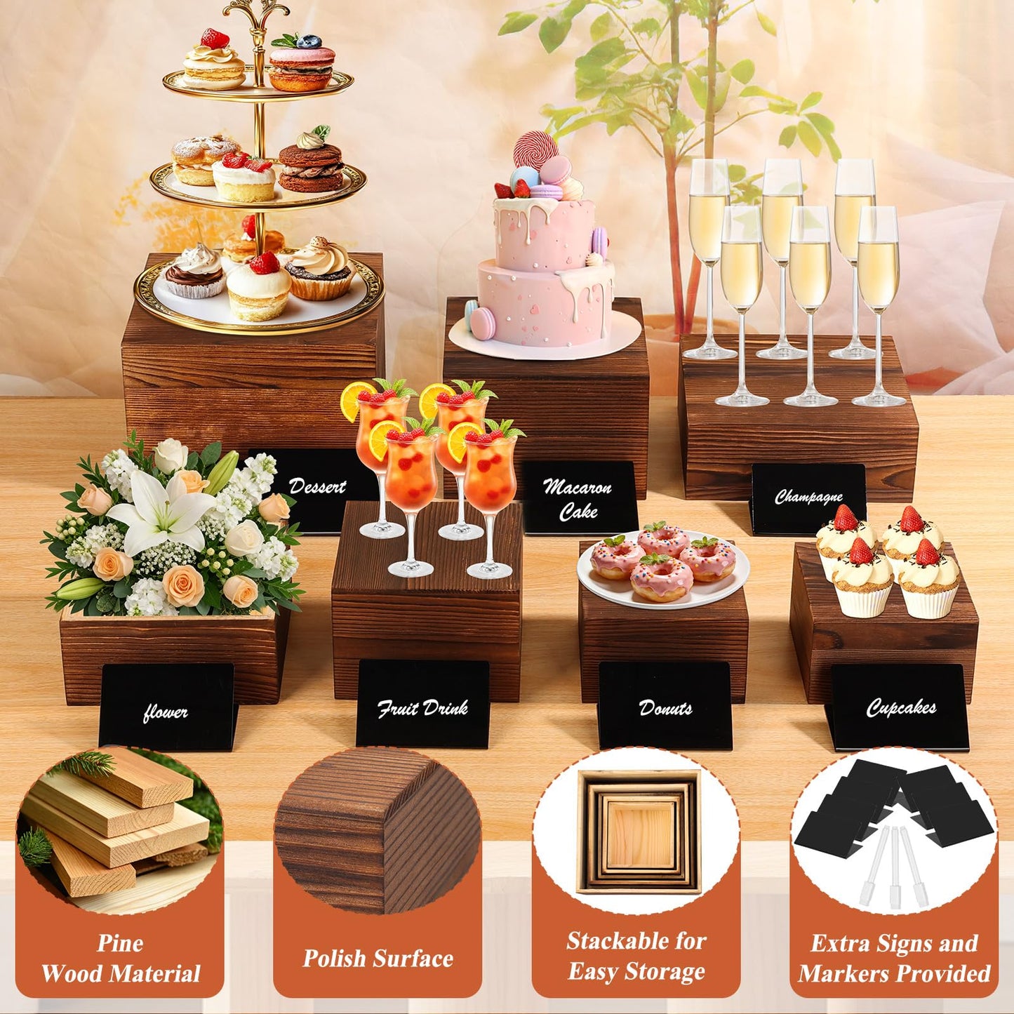 Qinzave 7 Pack Wooden Risers Display Stands with Acrylic Maker Pen and Mini Sign, Food Risers for Buffet Table Shelf Display Stand for Party Catering Dessert Cupcake Jewelry