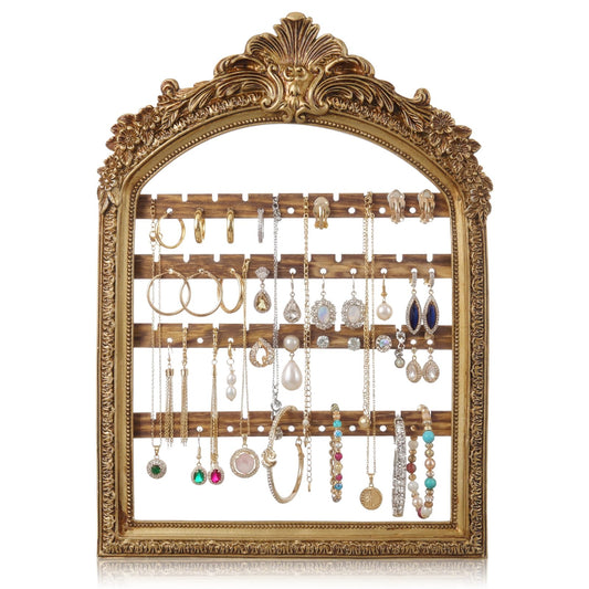 Fiwochic 1 Pcs 10 x 6.9'' Wall Hanging Earring Holder Organizers Vintage Arched Frame 4 Layer Wall Mounted Jewelry Holder Decorative Retro Baroque Stud Earring Display (Gold)