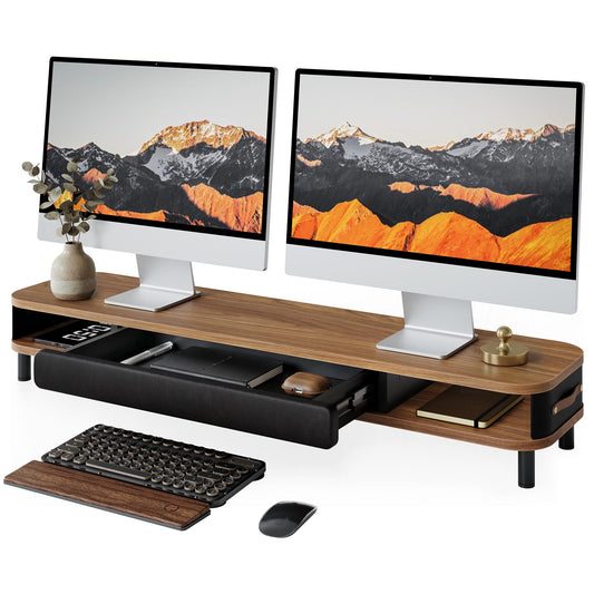 Fenge Monitor Stand with Large Drawer, 42.5 Inch Dual Monitor Riser for 2 Monitors, Ergonomic Computer Desk Shelf with Soft Touch Leather & Storage Organizer for Laptop, Computer, TV, PC, Printers