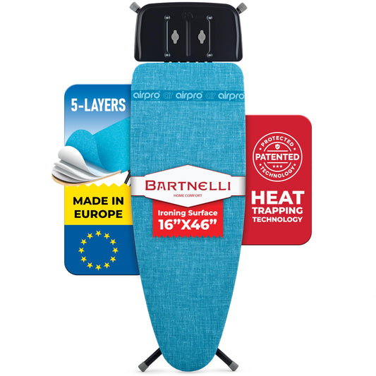 Bartnelli Next-Generation Innovative Wooden Top Ironing Board, with Breakthrough Patented 5-Layered Steam-Reflecting Cover, Made in Europe, Adjustable Height, 4 Heavy Duty Durable Steel Legs, 46x16”