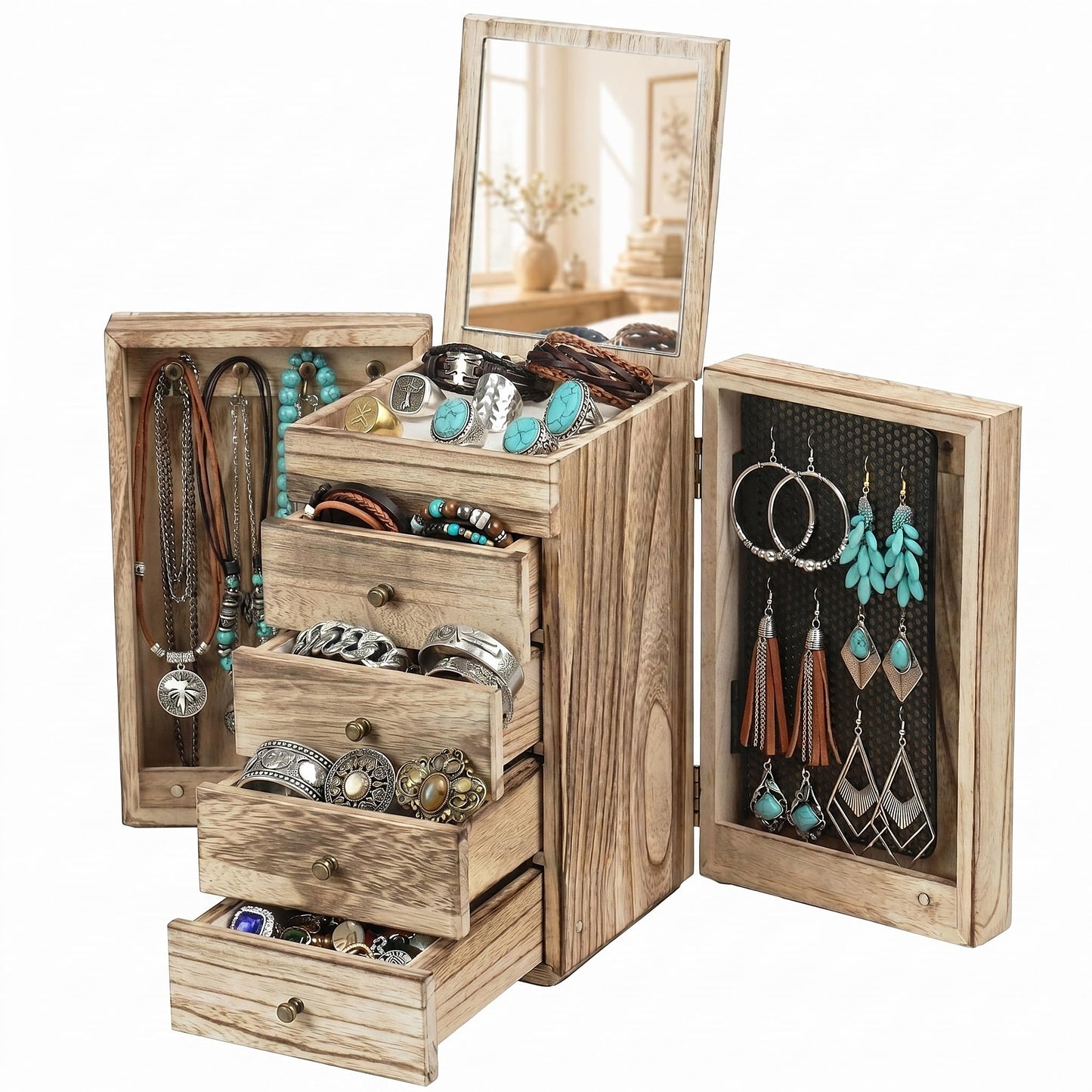 GUOER Jewelry Box for Women, 5-Layer Wooden Jewelry Organizer with Mirror, 4 Drawers & Side Doors for Necklaces, Rings, Earrings, Rustic Torched Wood