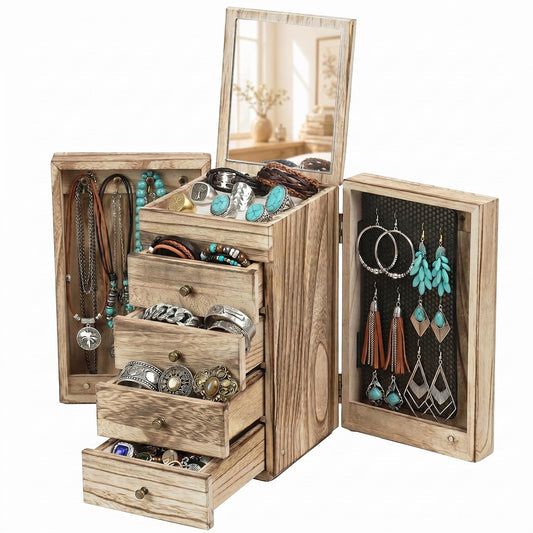 GUOER Jewelry Box for Women, 5-Layer Wooden Jewelry Organizer with Mirror, 4 Drawers & Side Doors for Necklaces, Rings, Earrings, Rustic Torched Wood