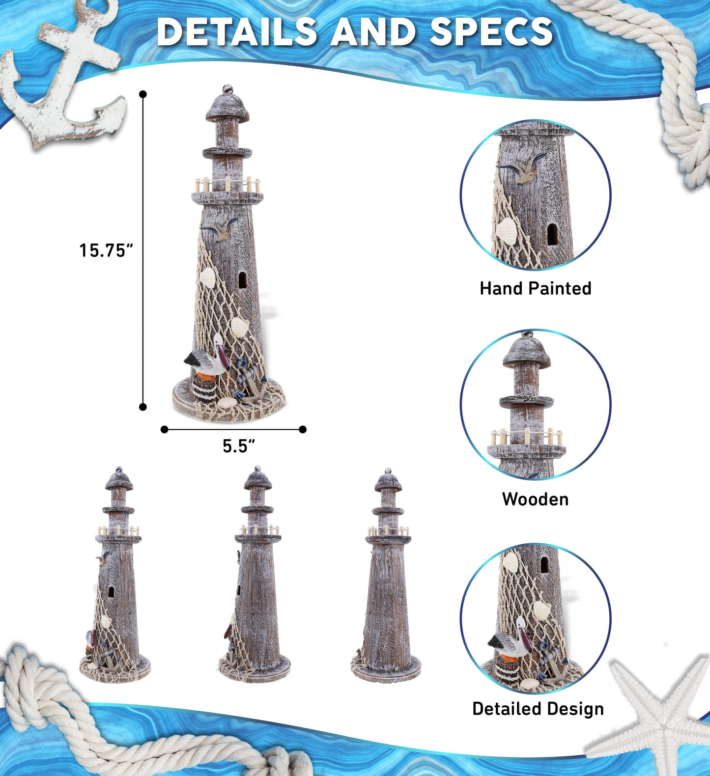 Puzzled COTA Global Brown Wooden Lighthouse Decor - Handmade and Crafted Wooden Lighthouse Decoration with Pelican and Fishing Net, Tabletop Home Decor - 15.75 Inches